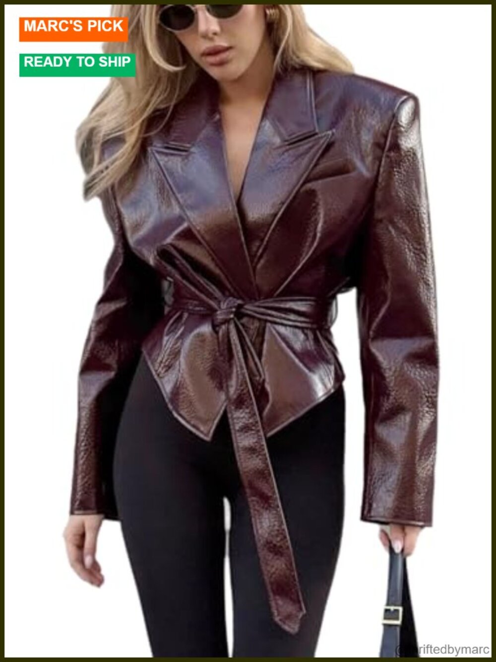 Women's PU Leather Casual Belt Jacket Blazer Trendy Outerwear